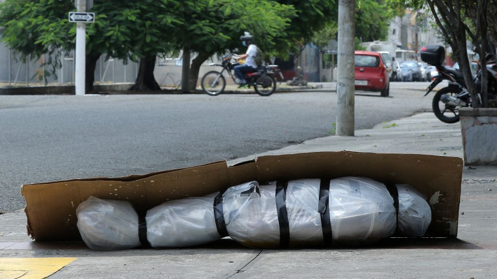 An abandoned corpse wrapped in plastic and covered with cardboard lies on the pavement in Guayaquil, Ecuador, 6 April 2020