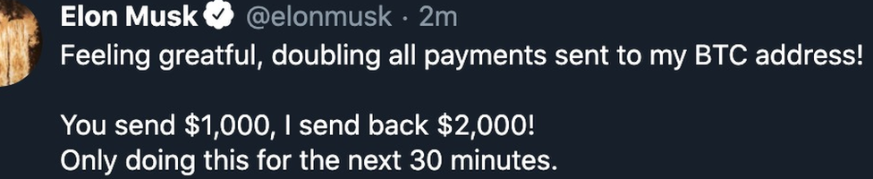 A hacked tweet from Elon Musk`s account