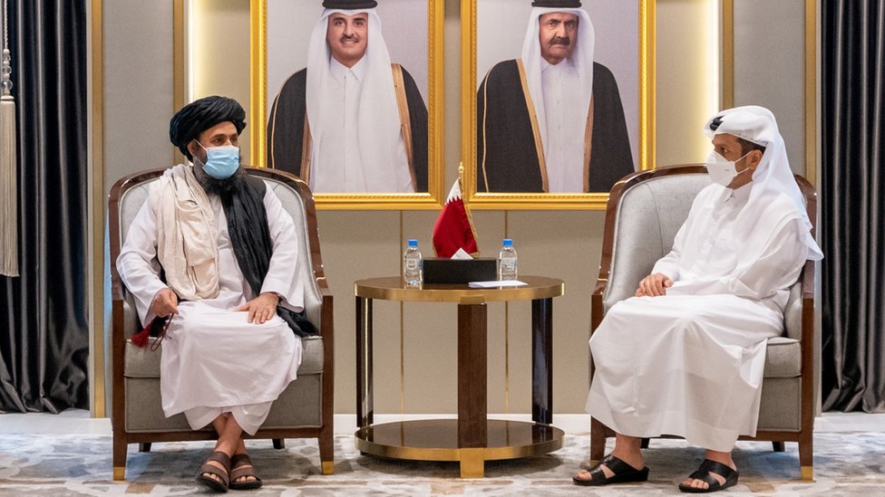 Qatar`s Deputy Prime Minister and Minister of Foreign Affairs Mohammed bin Abdul Rahman Al Thani meets with Mullah Abdul Ghani Baradar, head of the Taliban`s political bureau, in Doha, Qatar (17 August 2021)