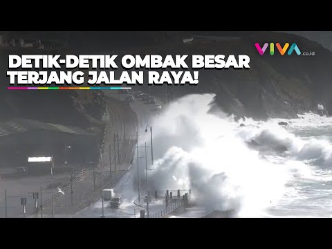 Penampakan Horor Gelombang Raksasa Guyur Jalanan di Pulau Man