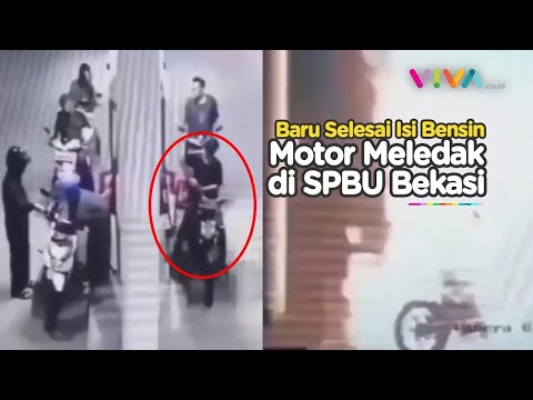 DETIK-DETIK Sepeda Motor Meledak di SPBU, Pengendara Auto Loncat