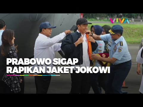 Prabowo Gercep Rapikan Jaket Jokowi saat Hadiri Penyerahan C-130J Super Hercules