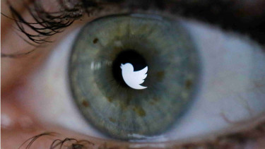 Logo media sosial Twitter terlihat di tengah kelopak mata.